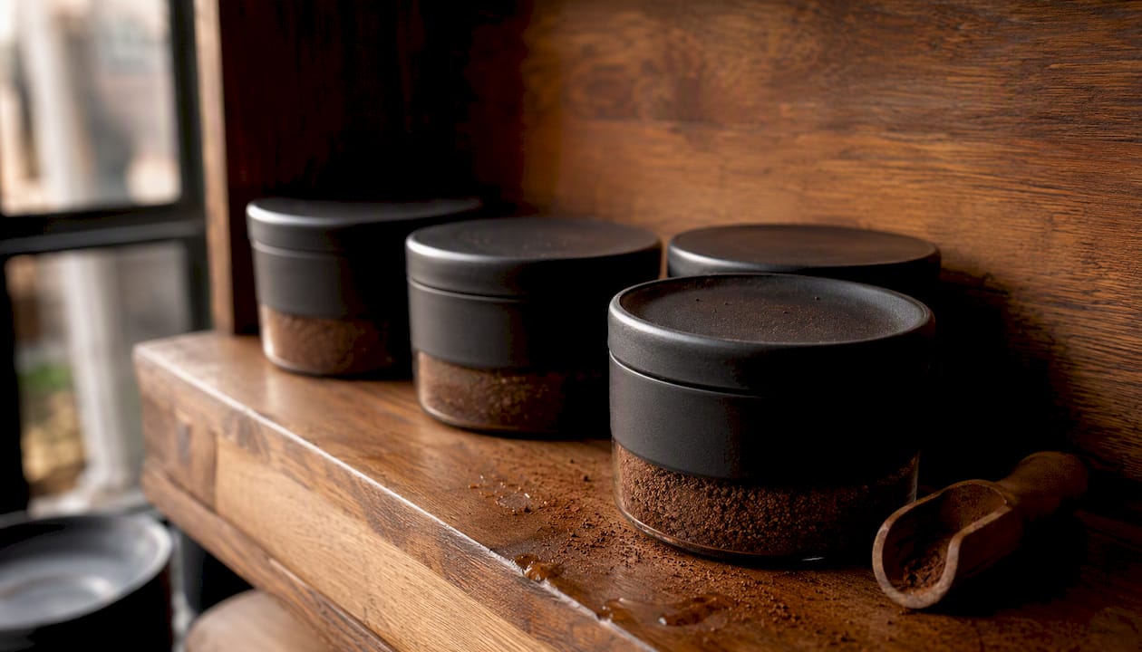 Small airtight containers storing ground coffee