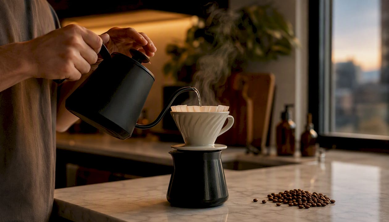 Hands pouring water over coffee grounds pour-over