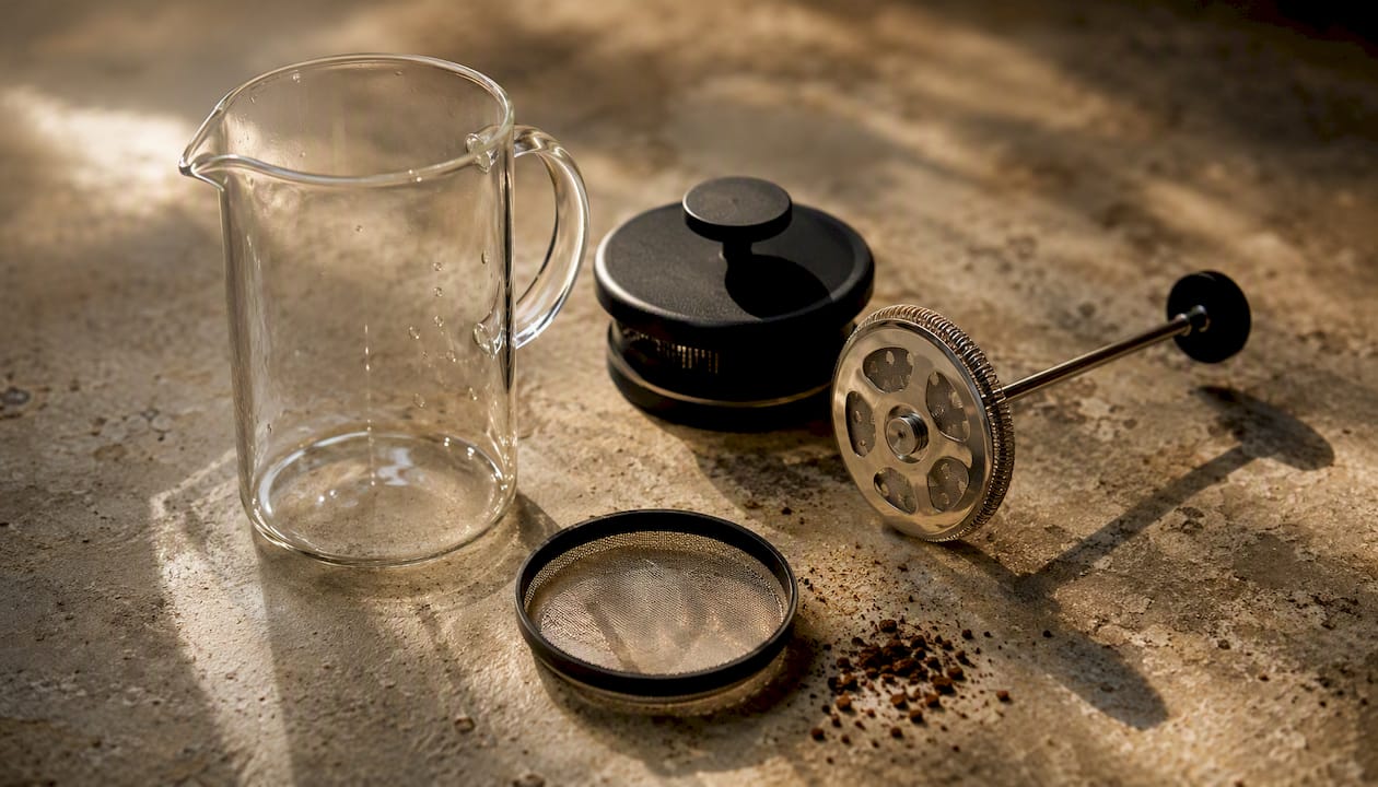 Disassembled French press parts on wood table