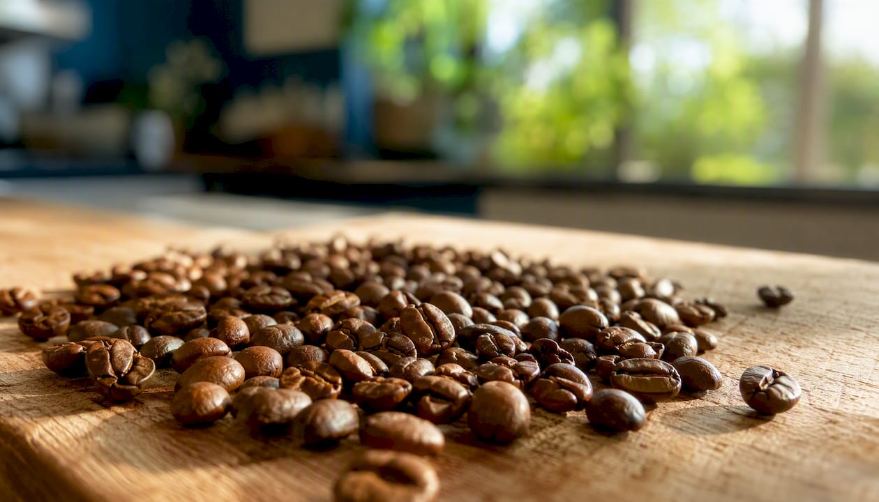 Close-up of coffee beans showing oxidation effects