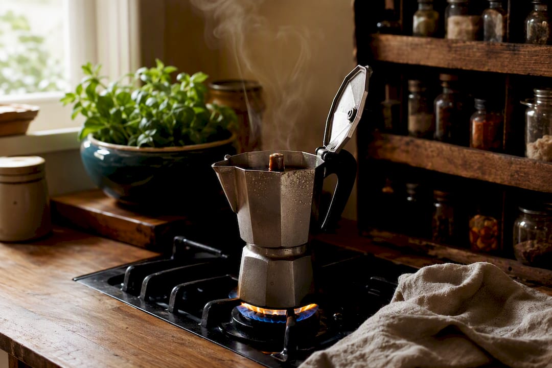 Golden coffee stream flowing from moka pot