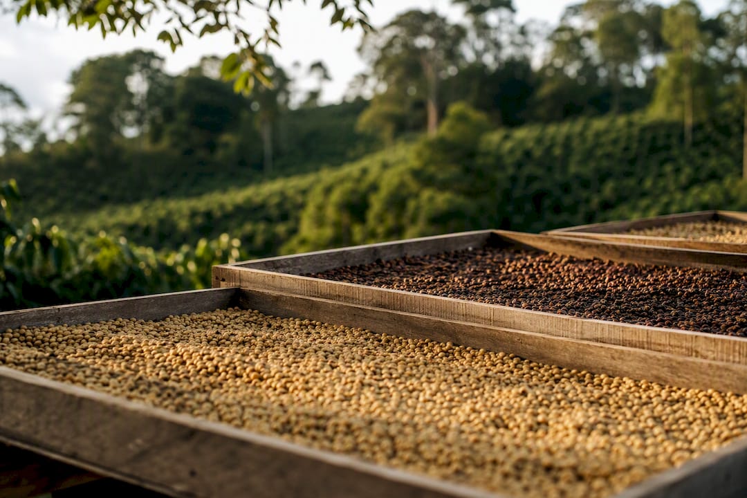 Coffee beans drying naturally on farm beds