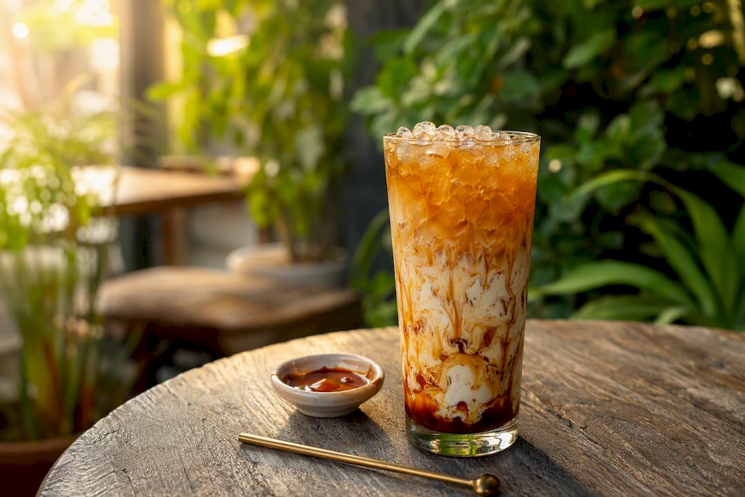 Tall glass with dirty soda and pebble ice
