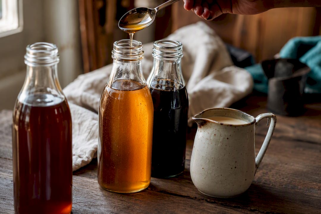Syrup bottles and creamer on wooden table