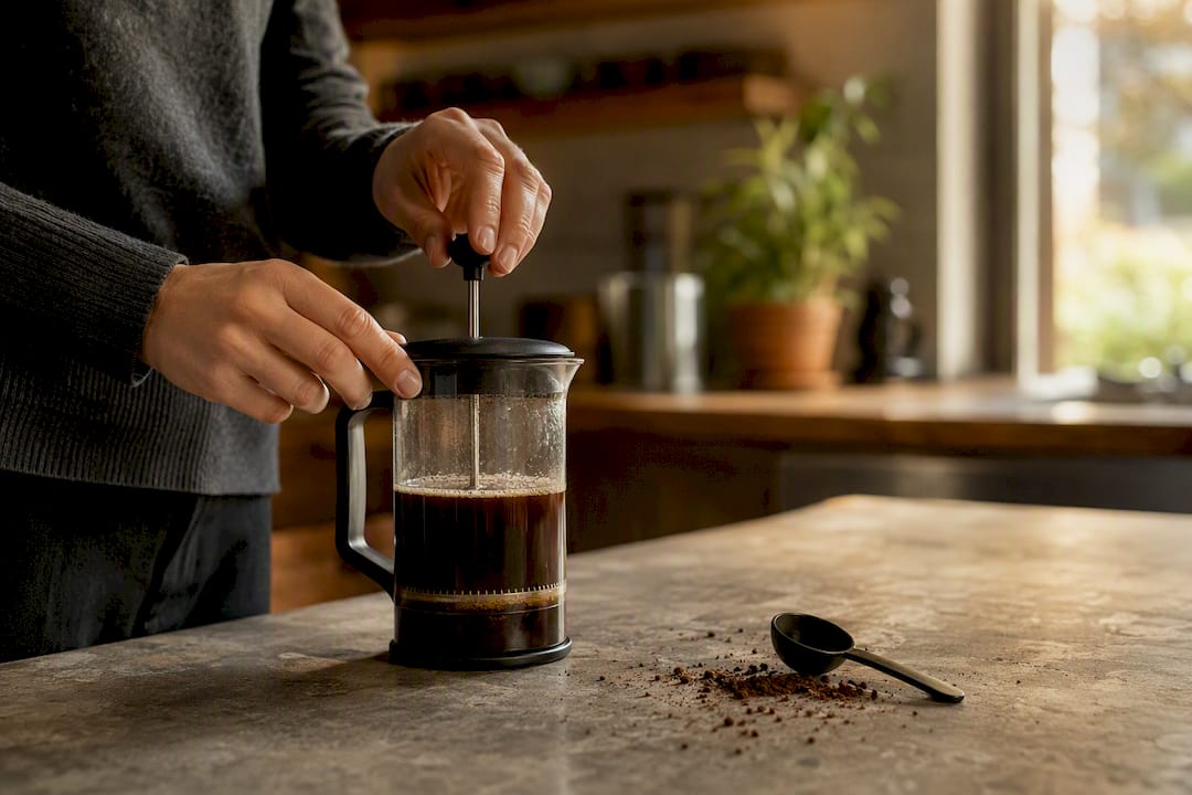 Hands pressing French press plunger