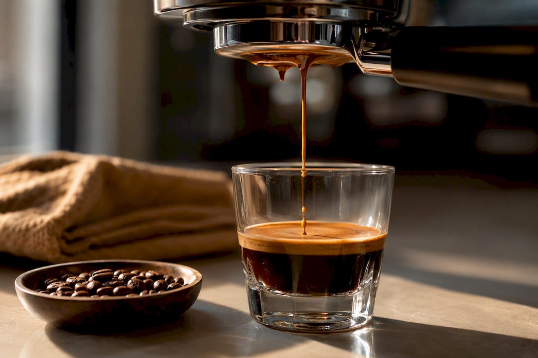 Rich espresso stream showing crema