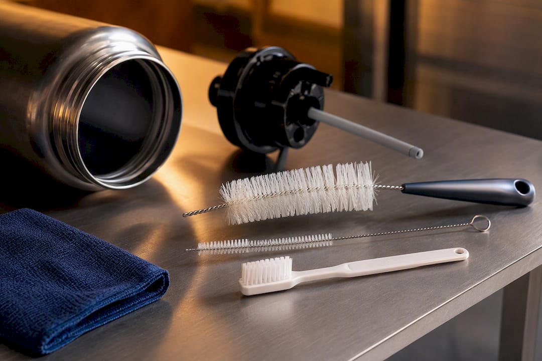 Three brushes for cleaning airpot components