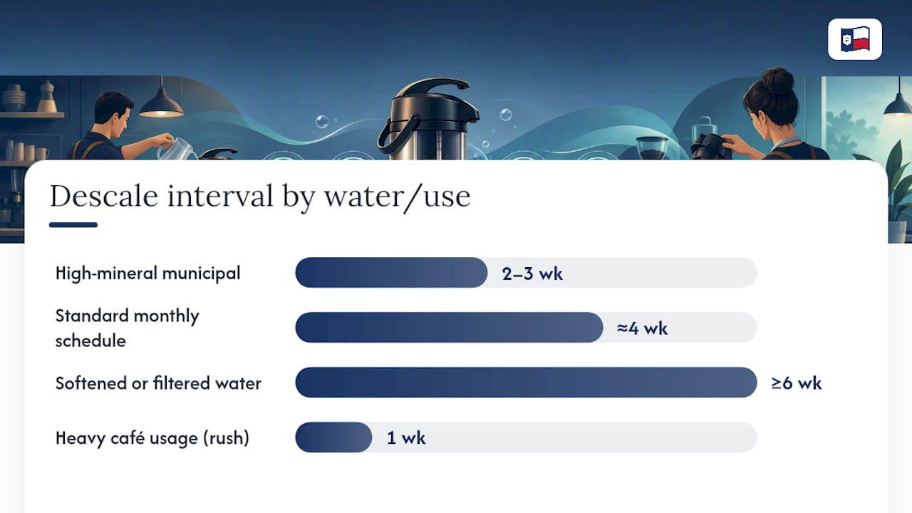 Airpot descaling intervals by water hardness