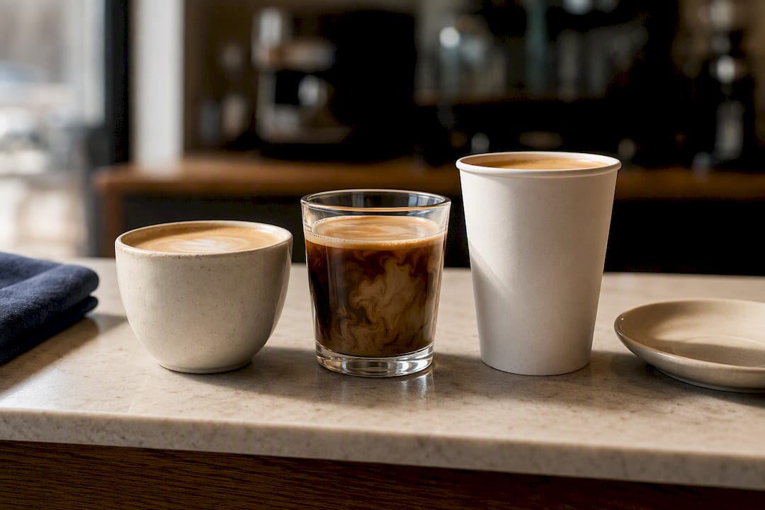 Ceramic glass and paper coffee vessels