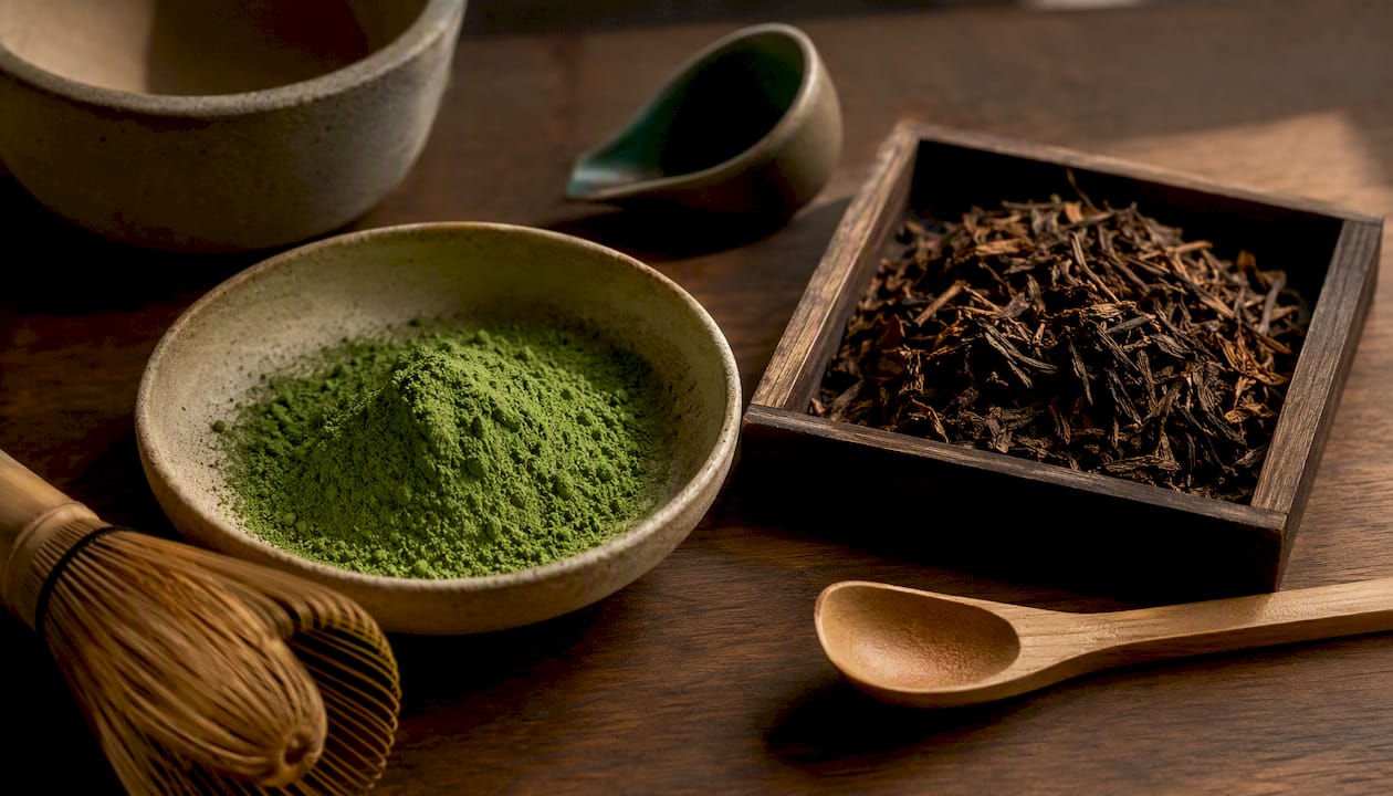 Green matcha powder beside roasted hojicha leaves
