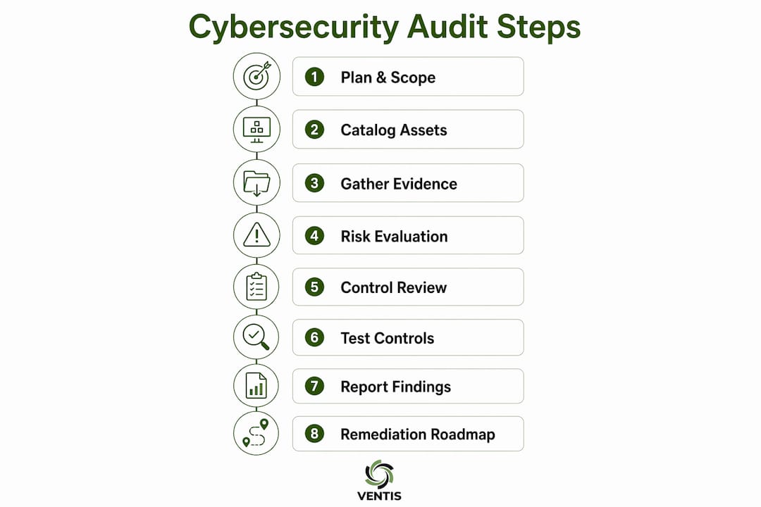 Infographic illustrating step-by-step cybersecurity audit process