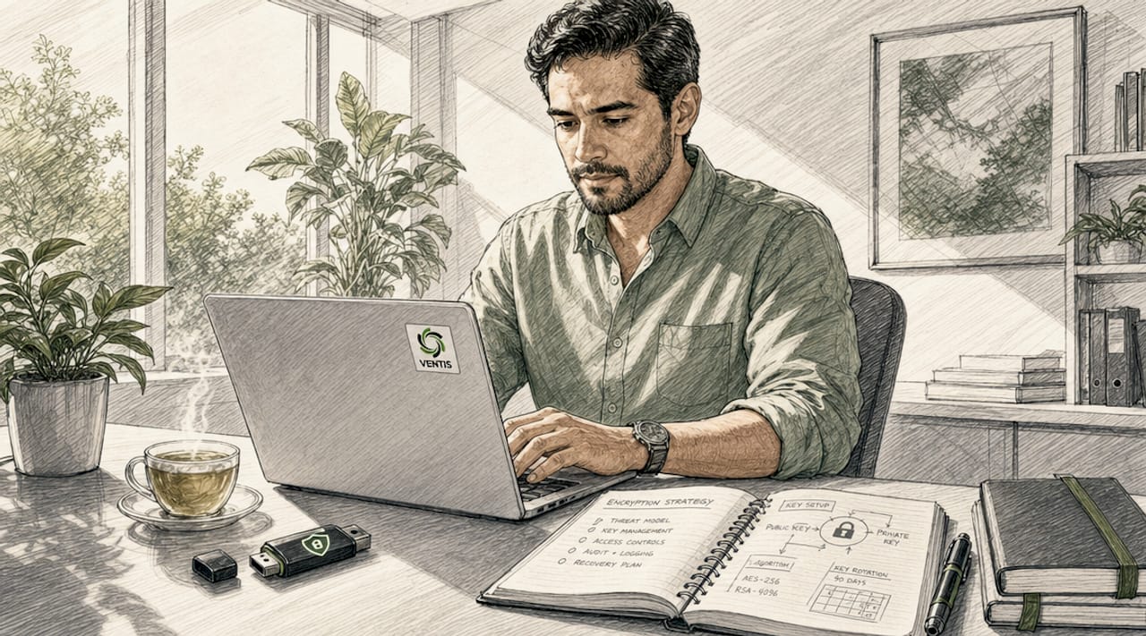 Hands configuring data encryption on laptop