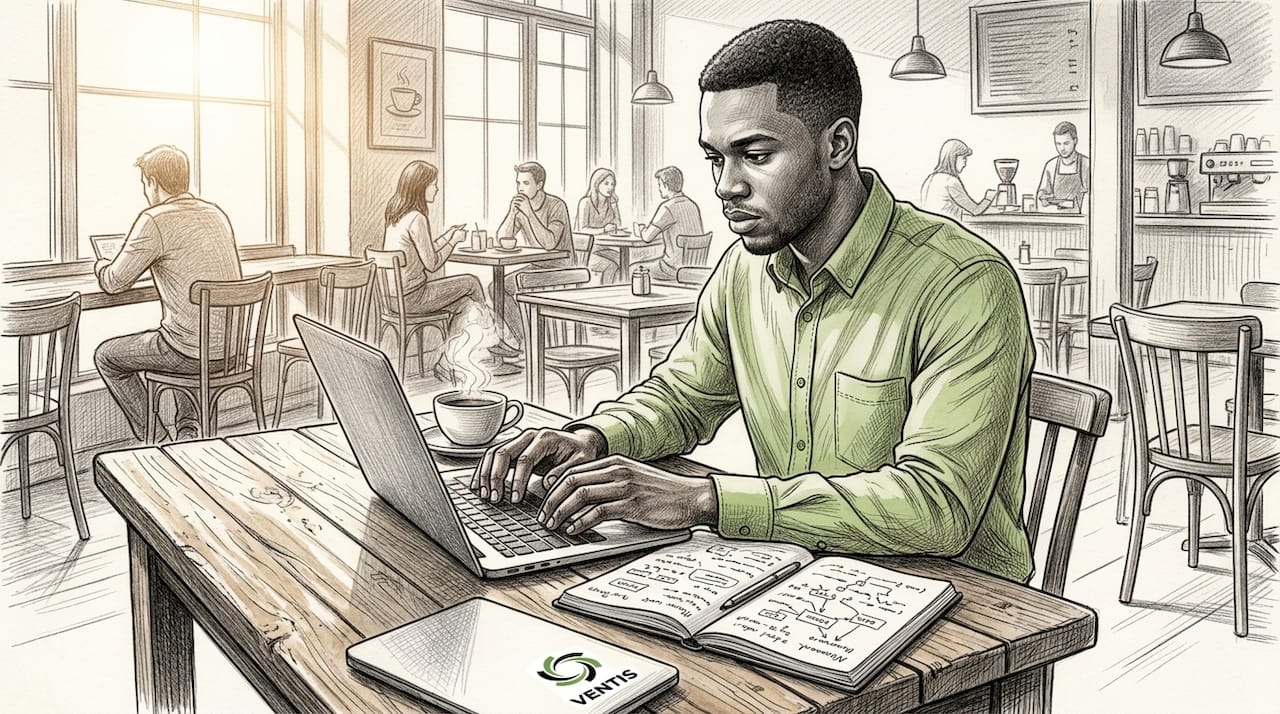 IT specialist typing on laptop at home office desk