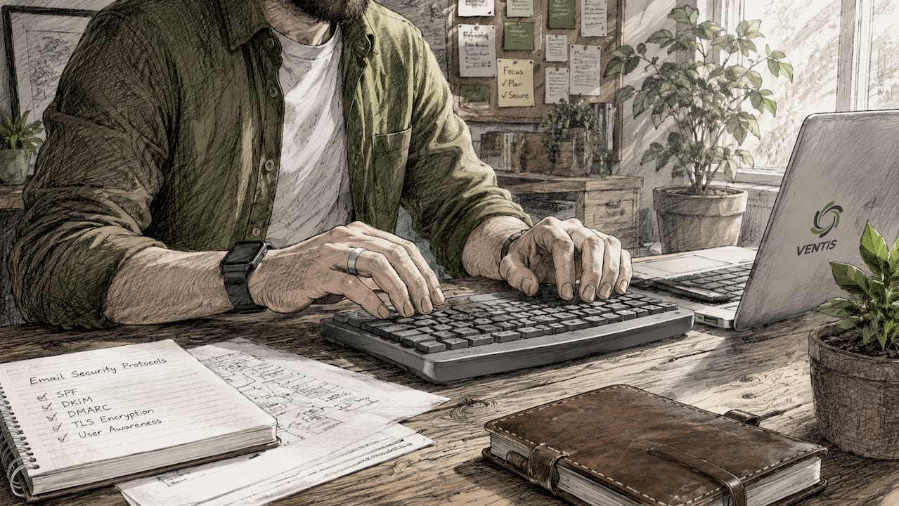 Hands typing on keyboard in small tech home office