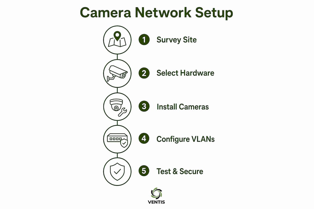 Infographic depicting step-by-step camera network setup process