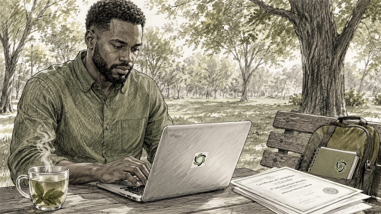Man typing notes with certification papers