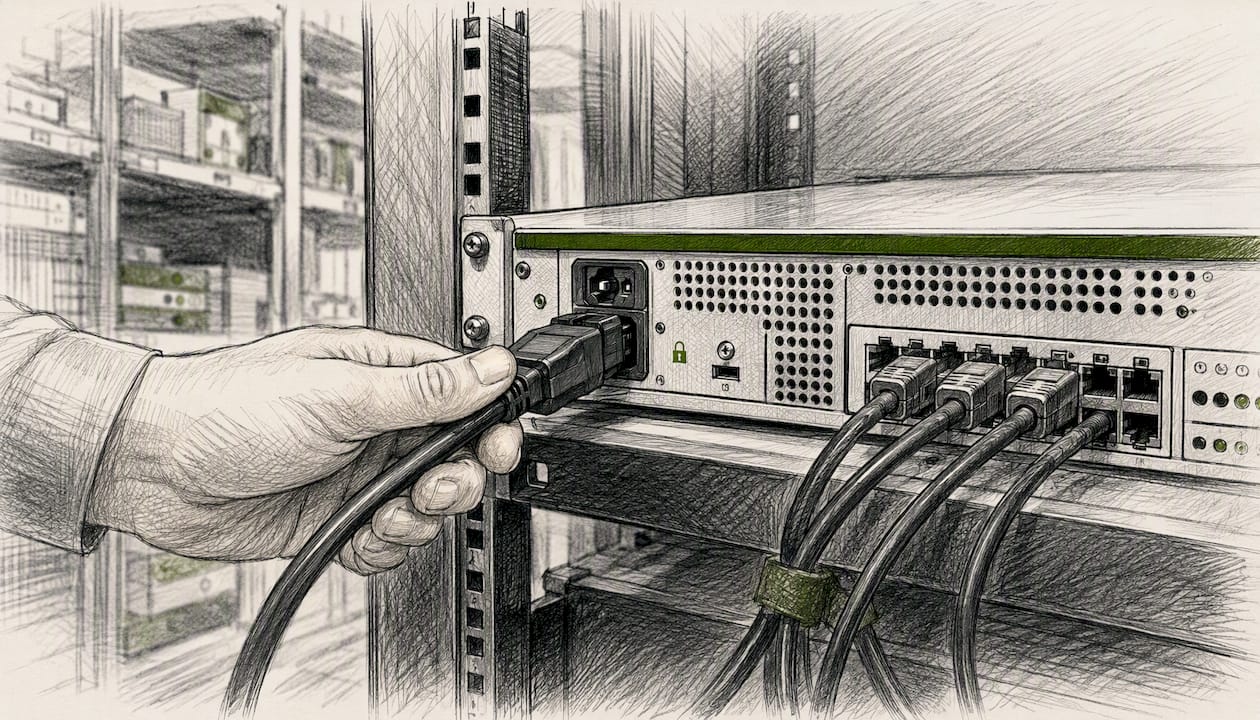 Hand plugging network cable into security appliance