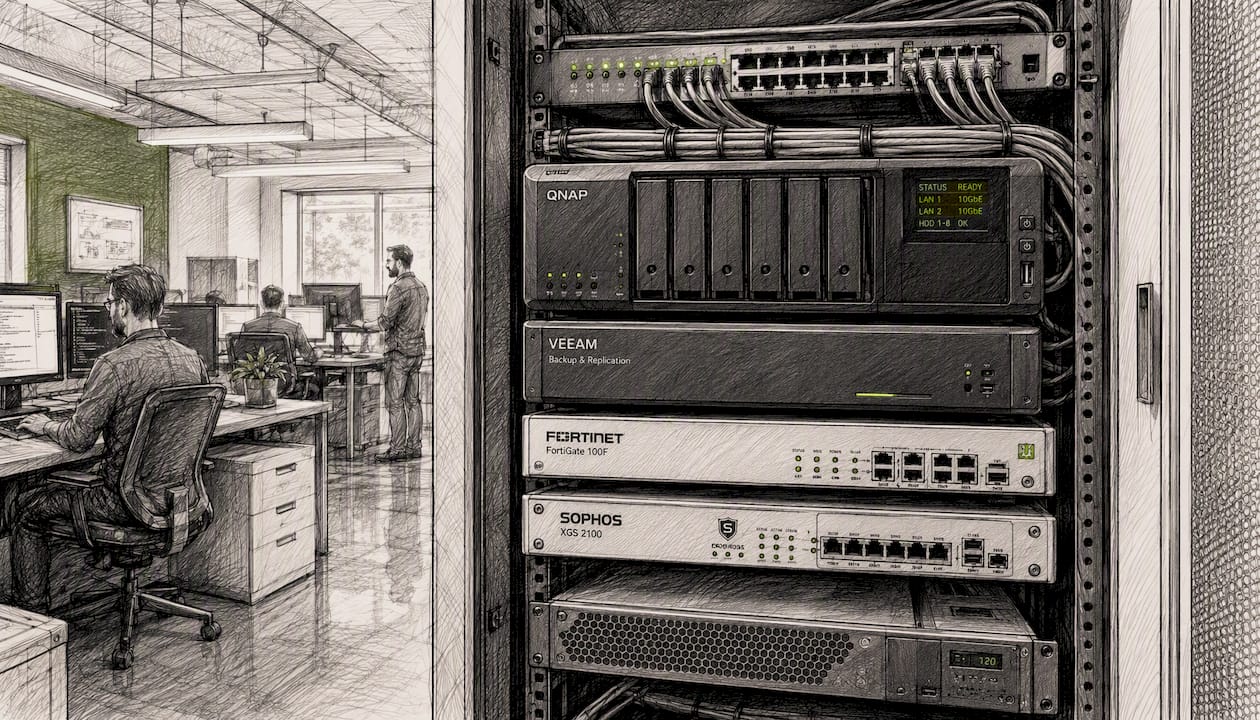 Server rack with backup and cybersecurity hardware