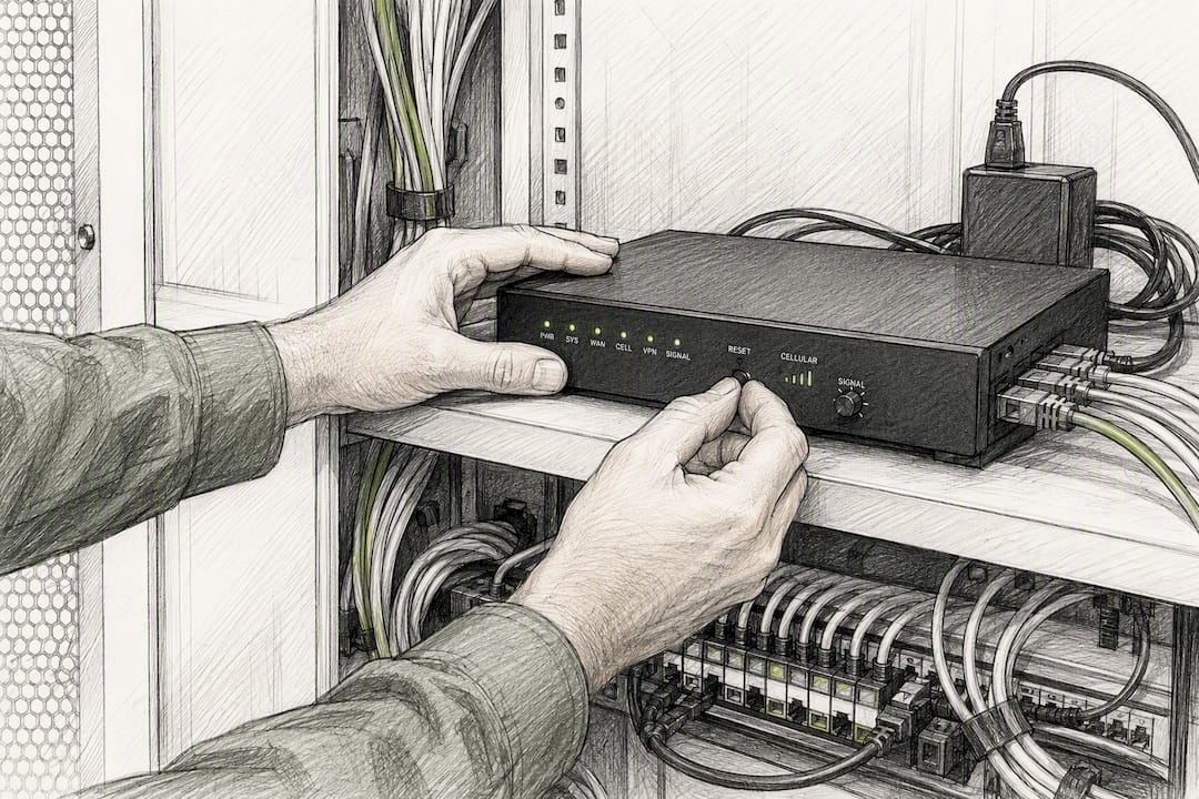 Technician adjusting cellular failover router settings