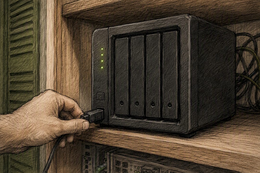 Technician connecting cable to backup storage device