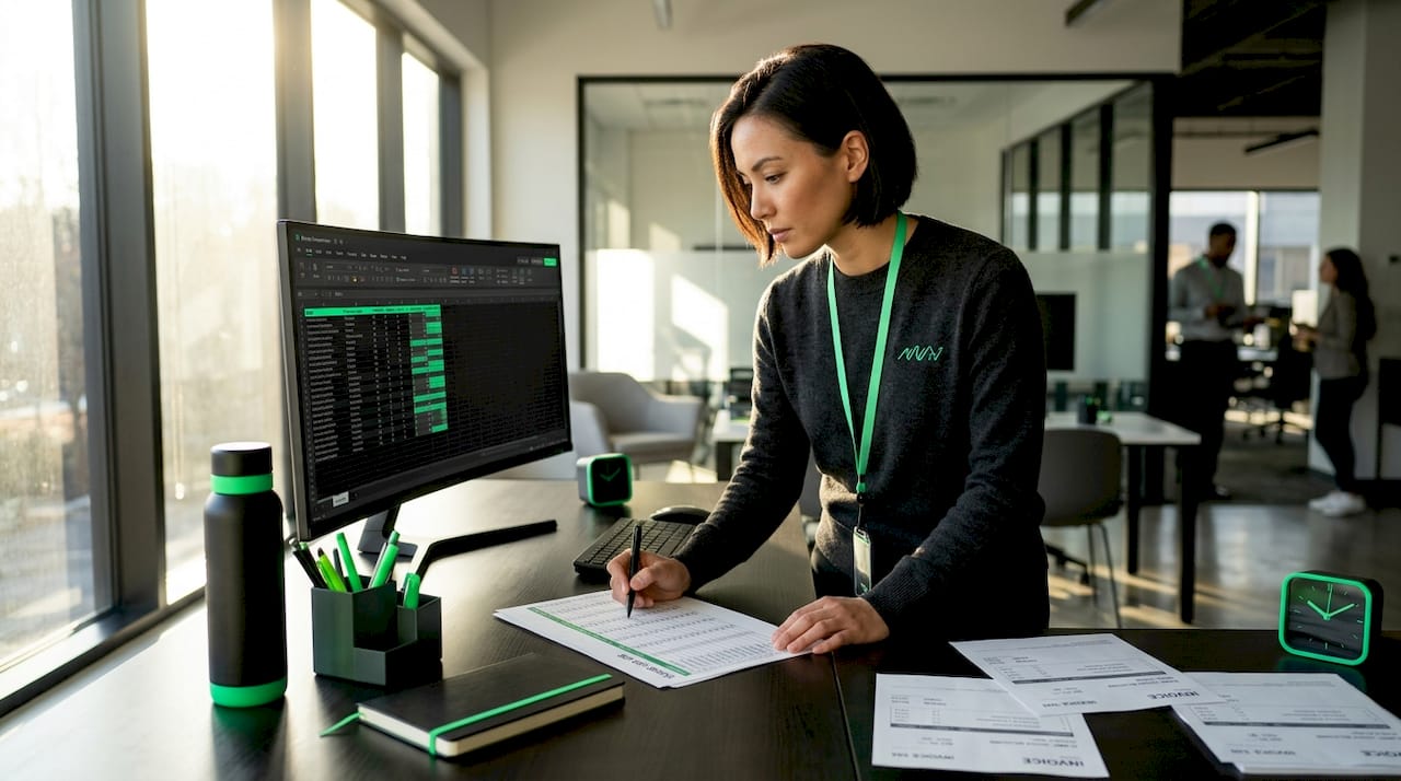 Billing specialist reconciling digital and print records