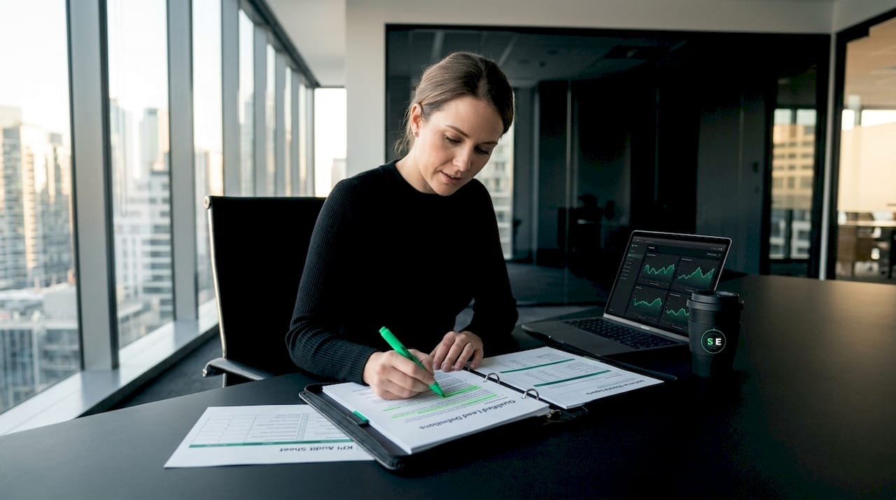 Consultant auditing KPI documents at home office