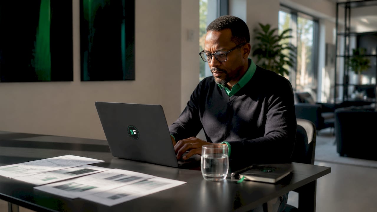 Manager working on risk scoring with laptop and documents