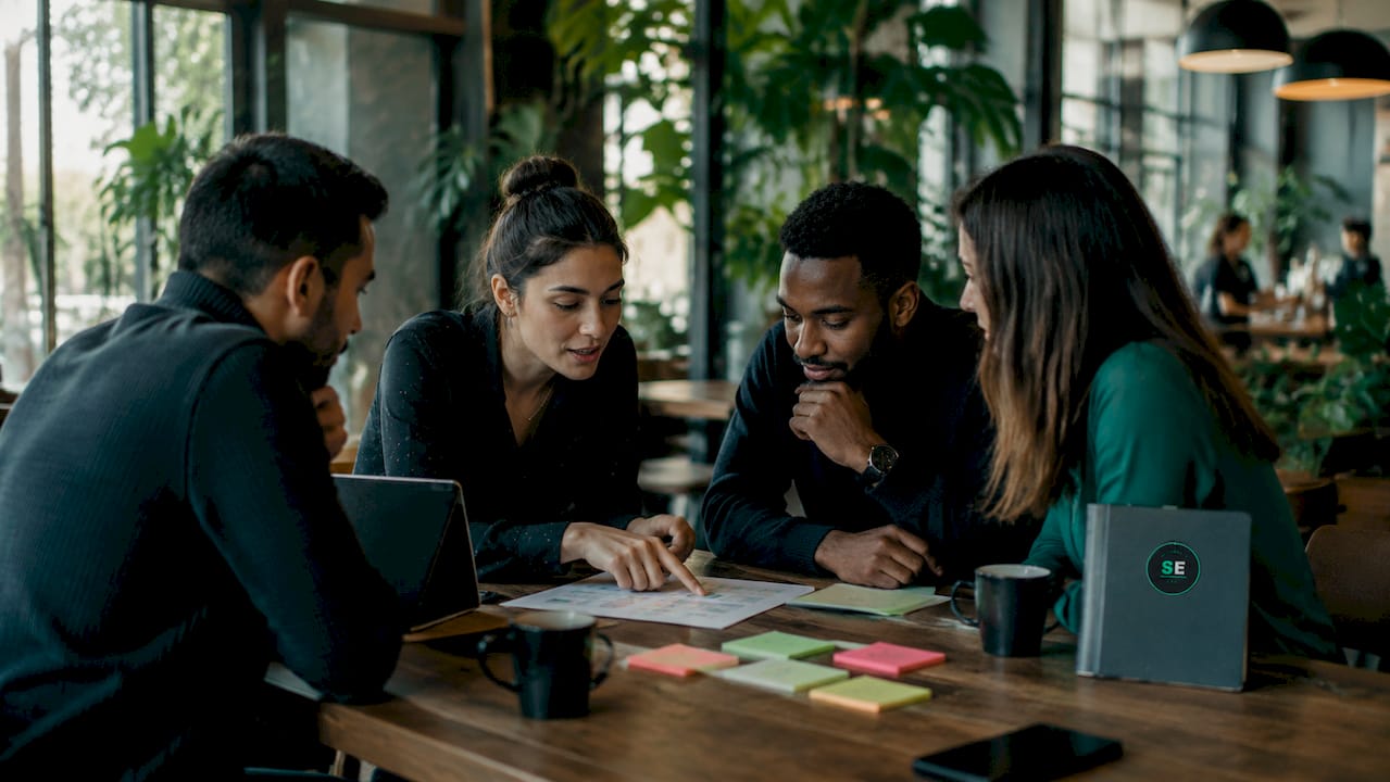 Diverse team collaborating over recovery playbook