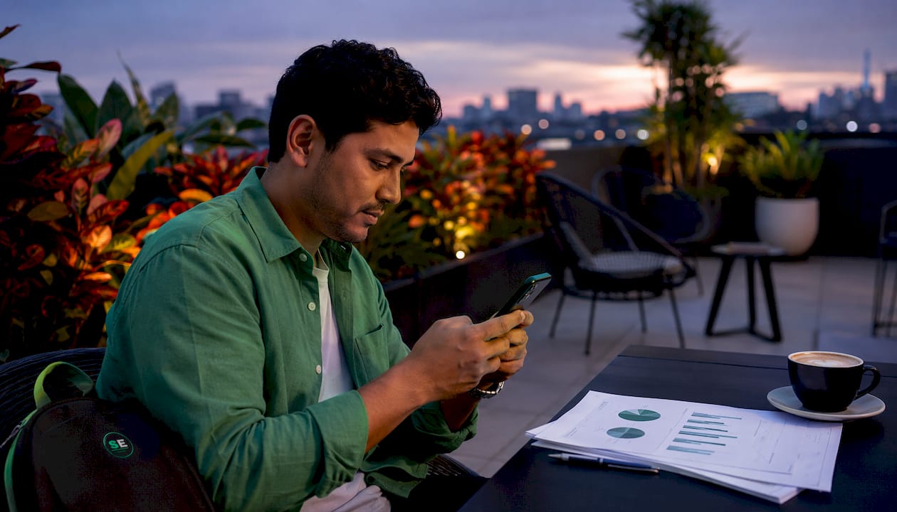 Hands using mobile device with SaaS charts outdoors