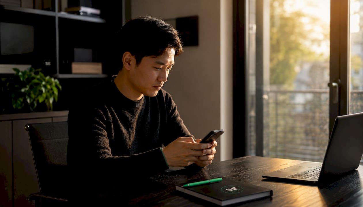 Close-up of man's hands typing SMS on smartphone at home desk