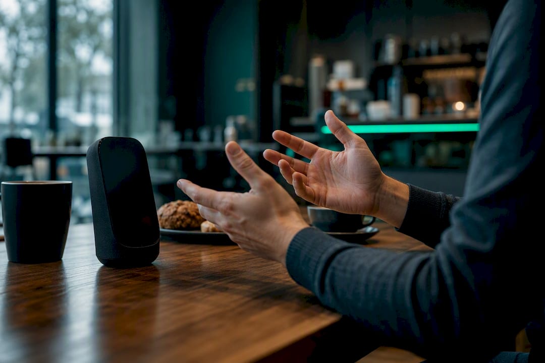 Hands engage with voice assistant device
