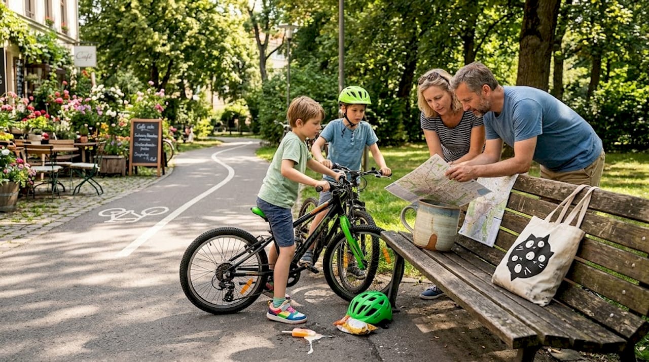 Family taking snack break on city bike tour