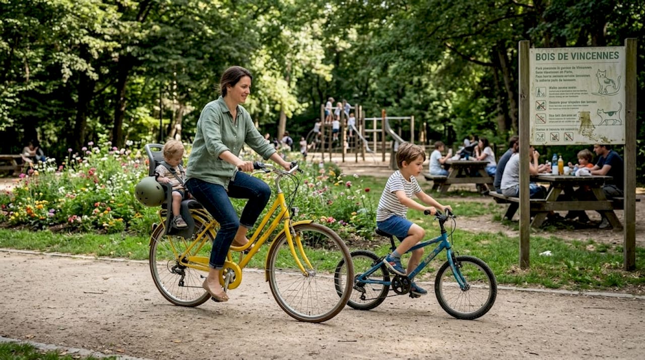Family cycling on park path in Paris