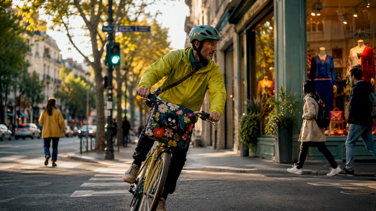 Cyclist turning at urban street corner