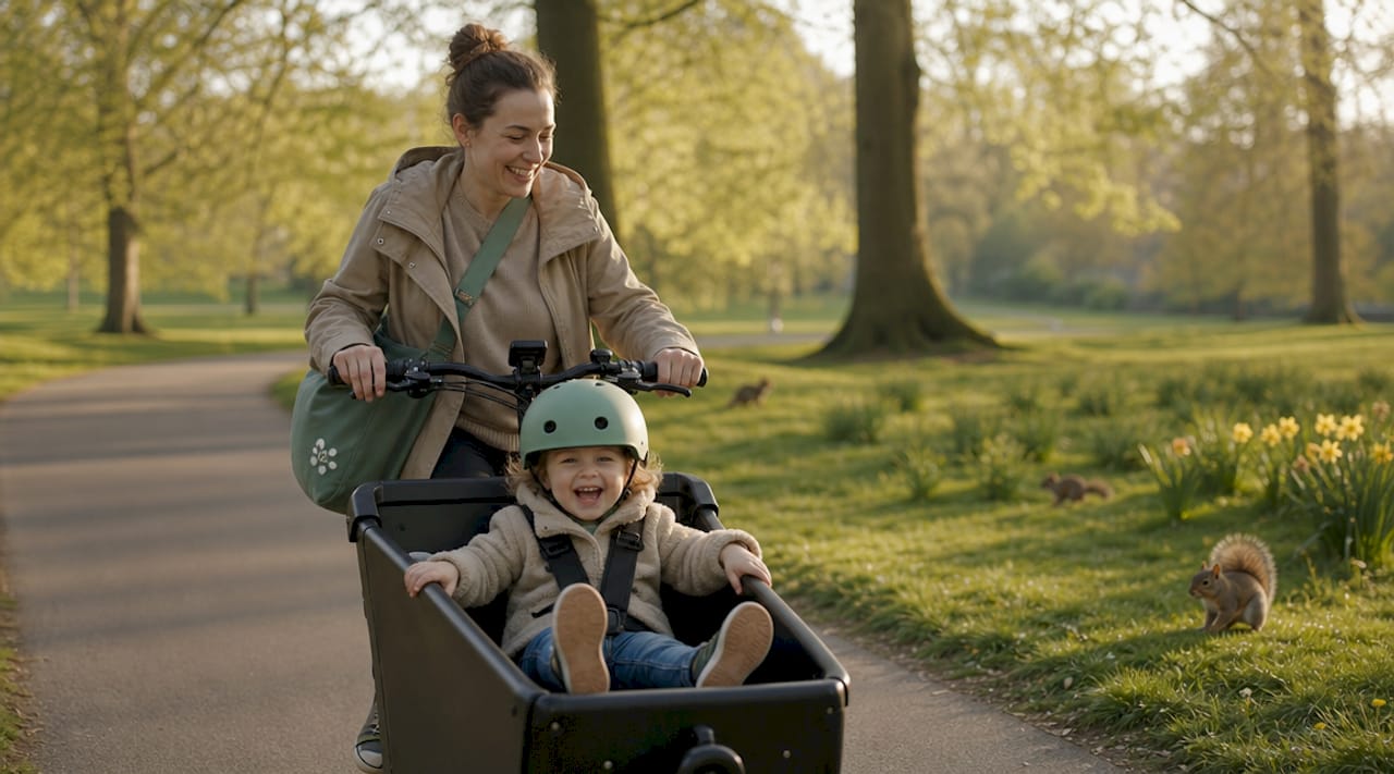 Parent cycling child in cargo bike seat