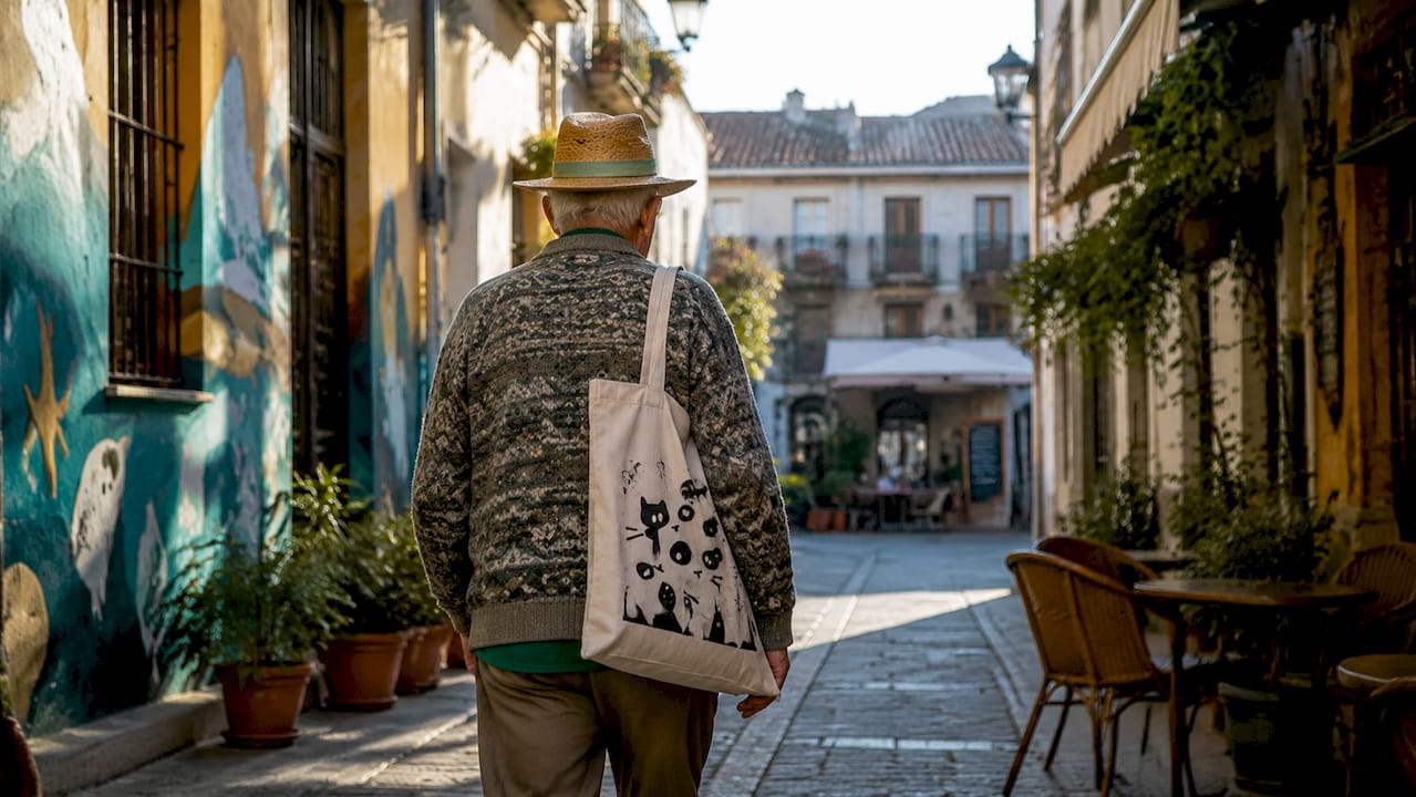 Elderly man walking El Cabanyal street