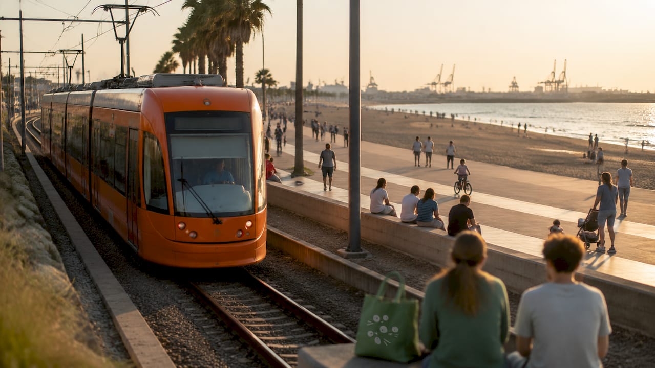 Valencia tram passing near La Malvarrosa beach