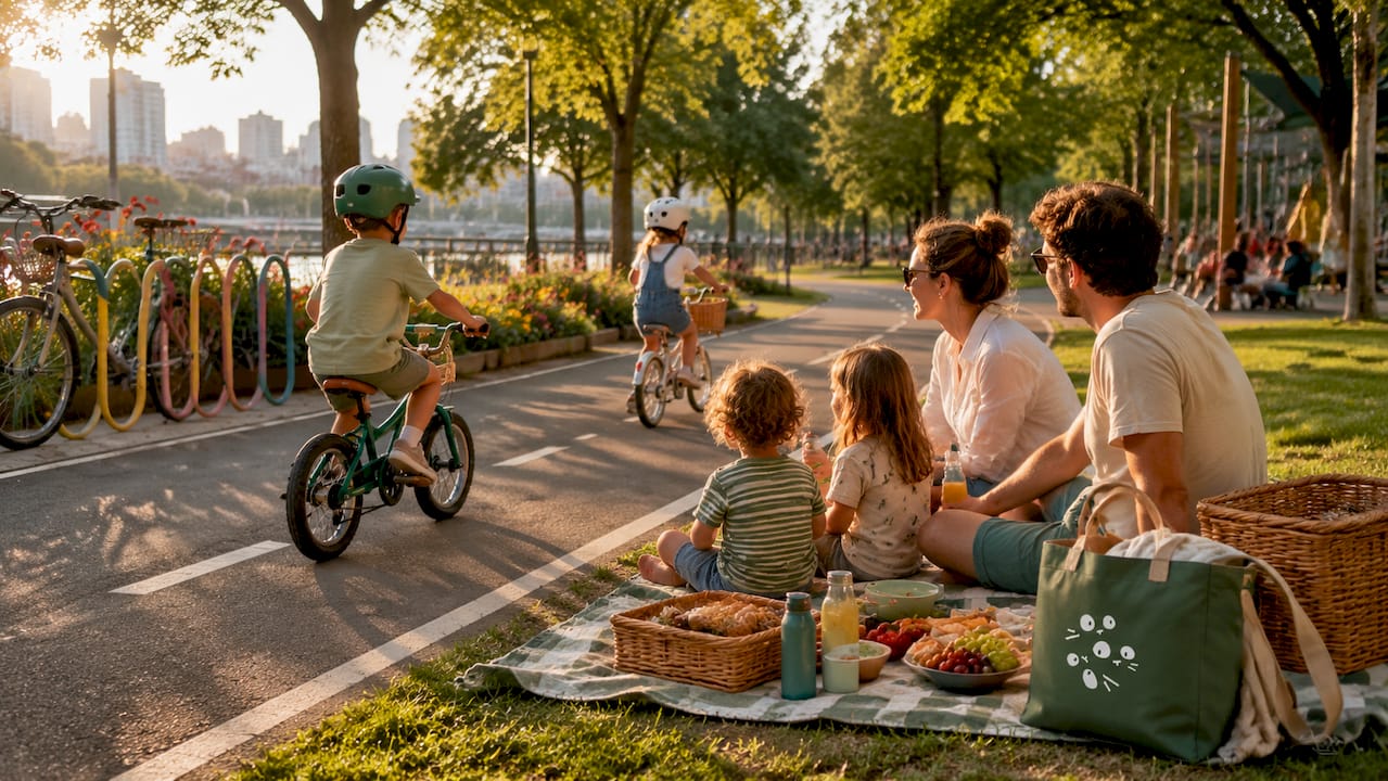 Safe car-free bike trail in family park