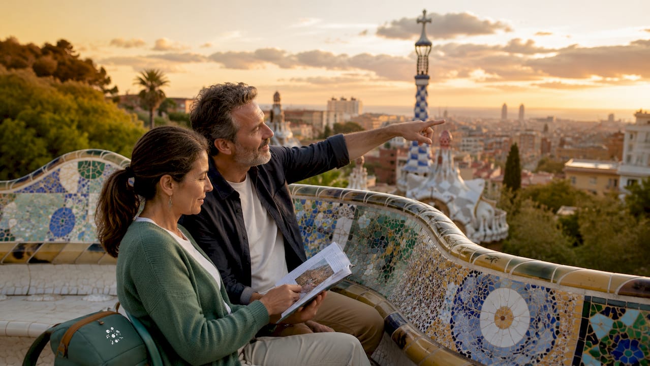 Couple on mosaic bench with city view at Park Güell