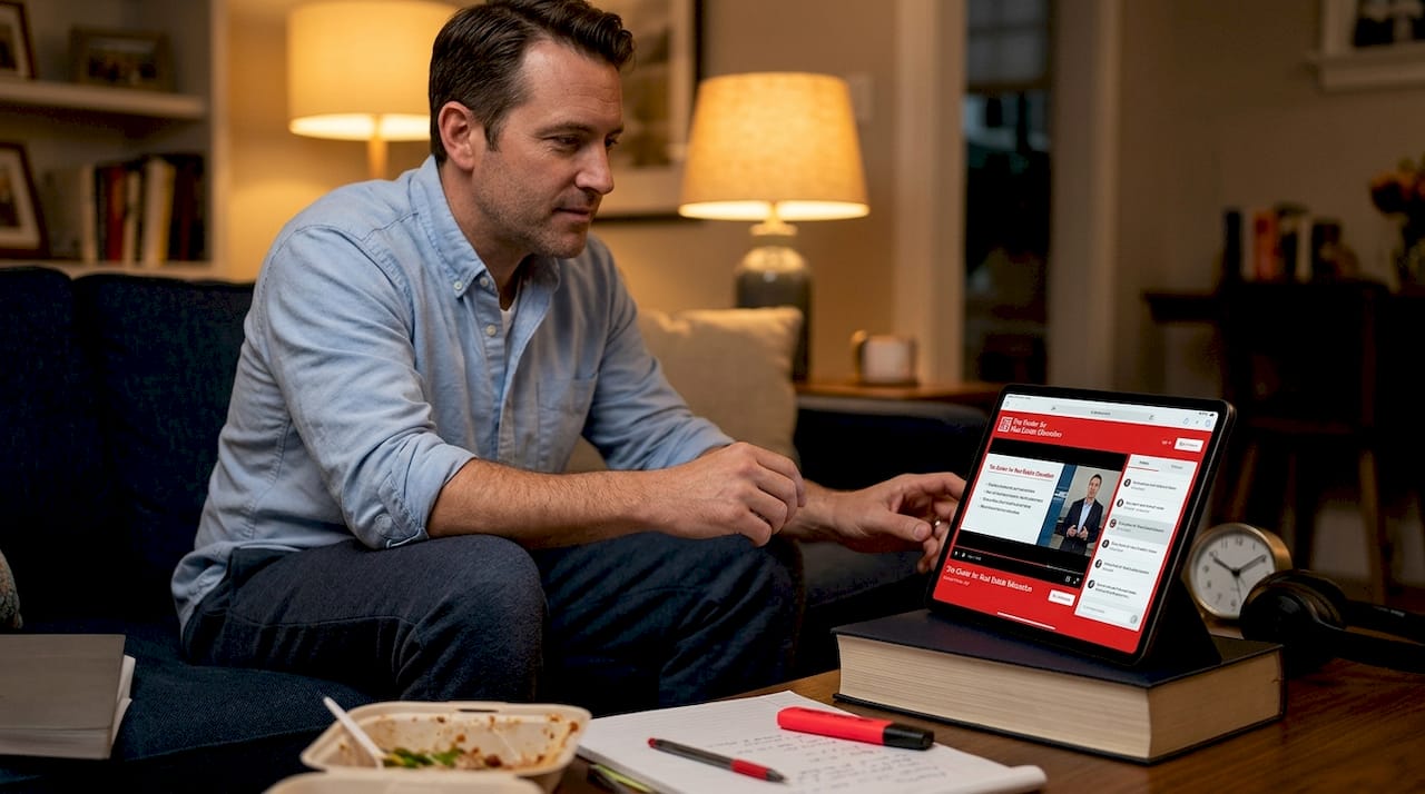 Man attending online real estate on couch