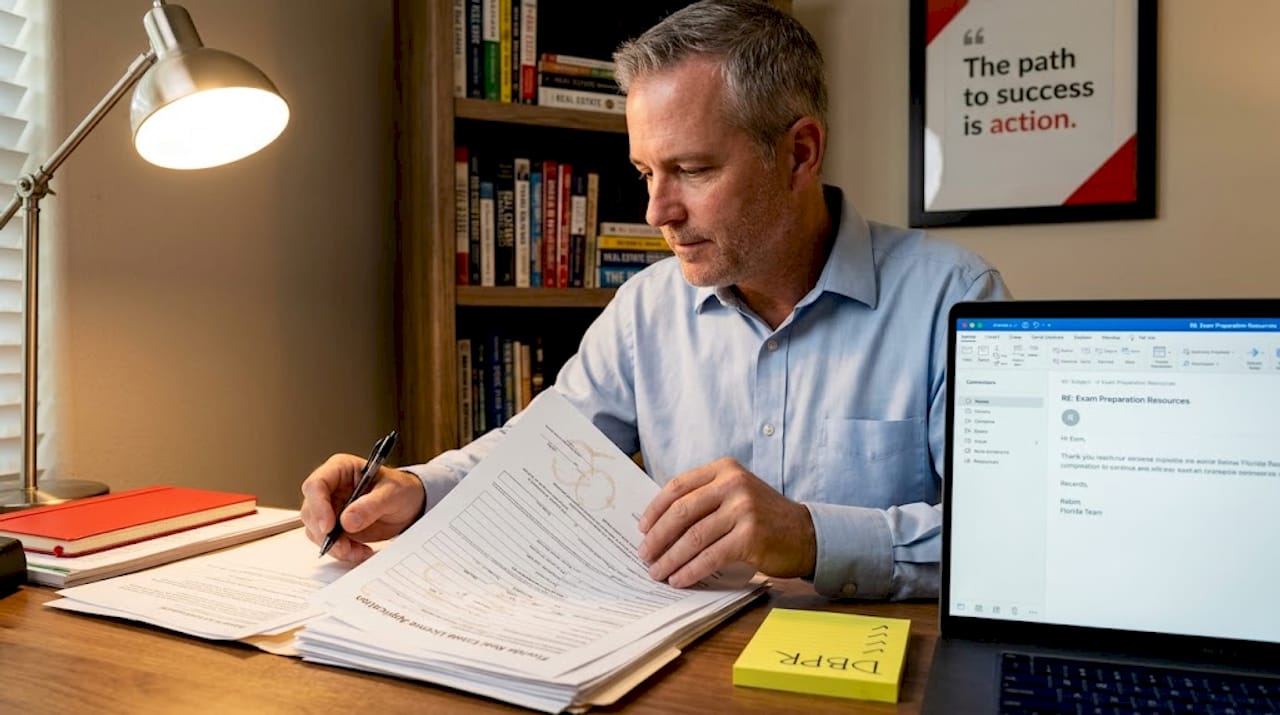 Man organizing license paperwork at desk