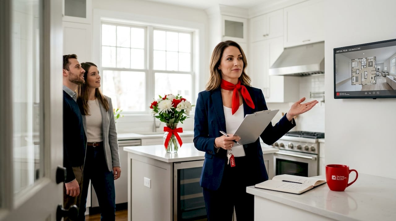 Agent guiding clients through property showing