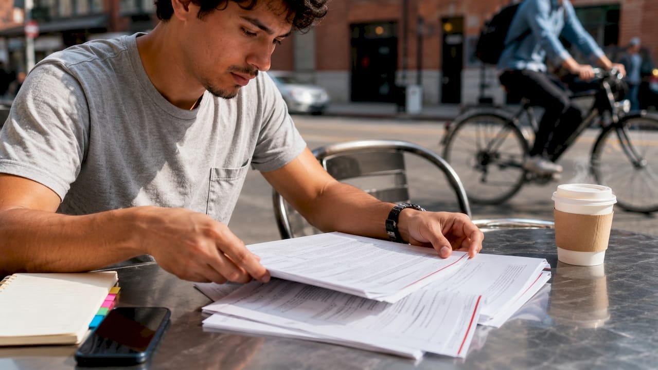 Hands organizing real estate exam study materials