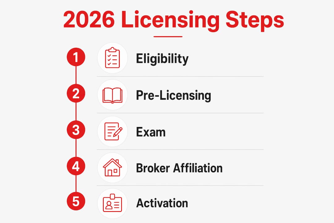 Infographic outlining steps to get 2026 real estate license