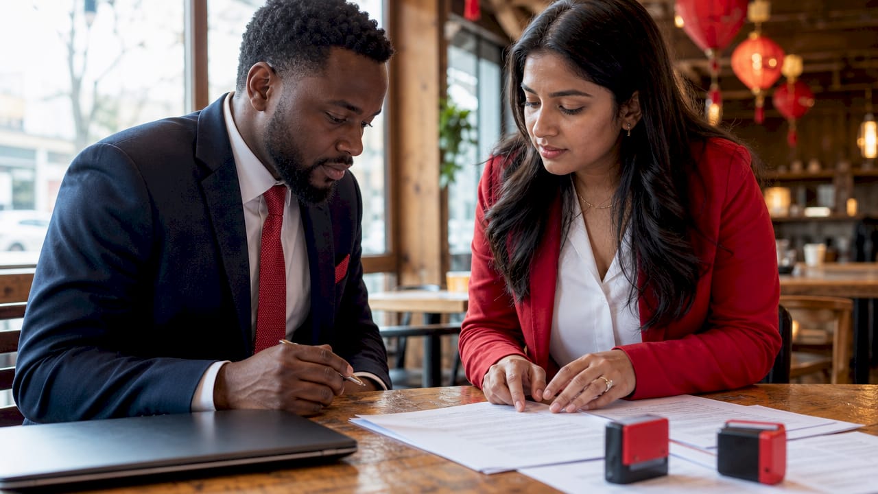 Agents reviewing real estate license transfer documents
