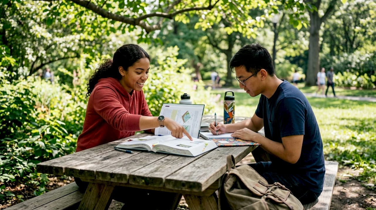 Overhead of students reviewing licensing courses together
