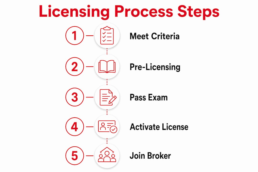 Infographic illustrating steps to get a real estate license while studying