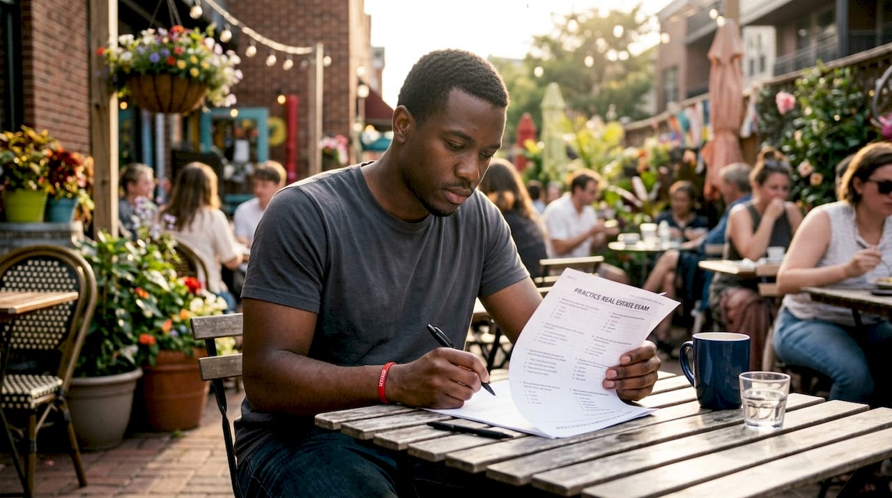 Hands filling out real estate practice exam