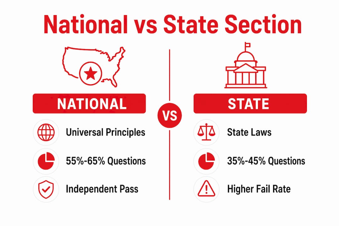 Infographic comparing national and state exam sections