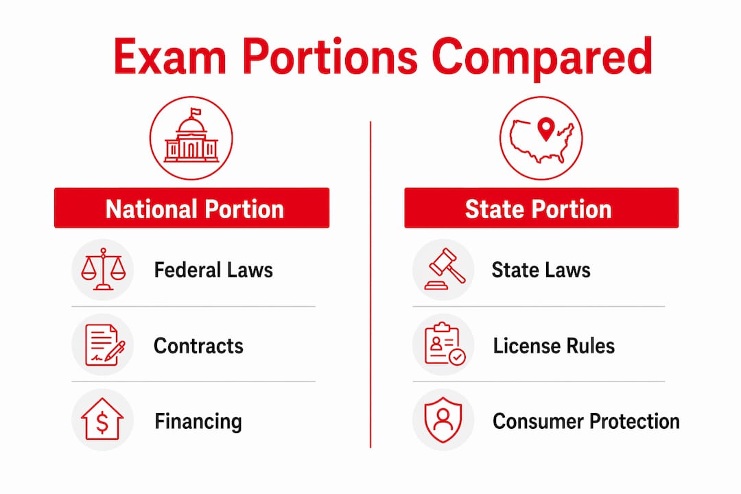 Infographic comparing state and national exam portions